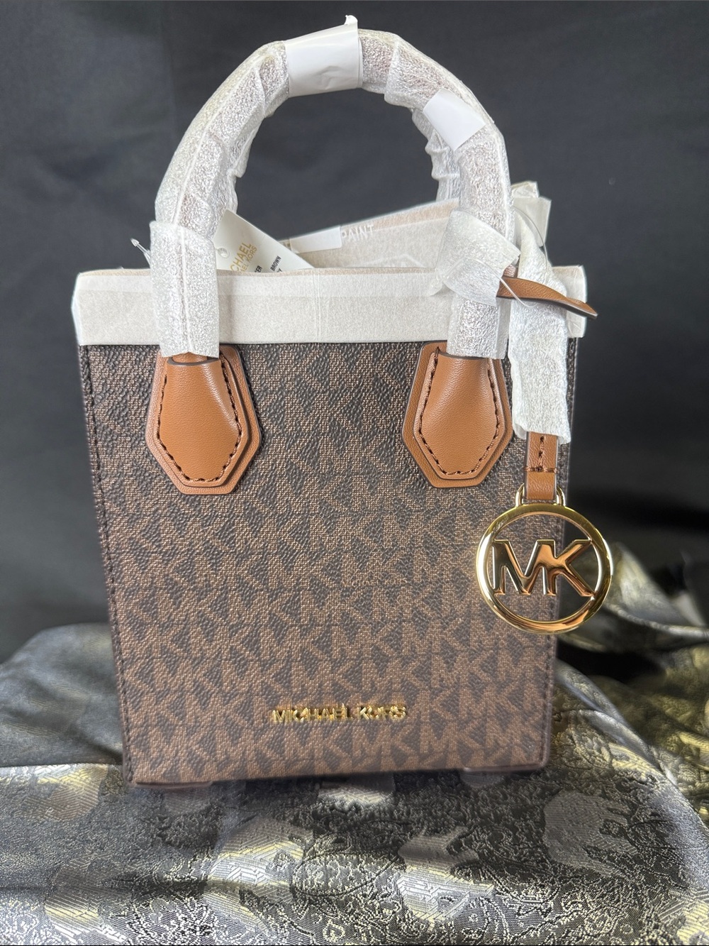 Michael Kors Brown and Tan Mini Signature Tote with Gold MK Charm